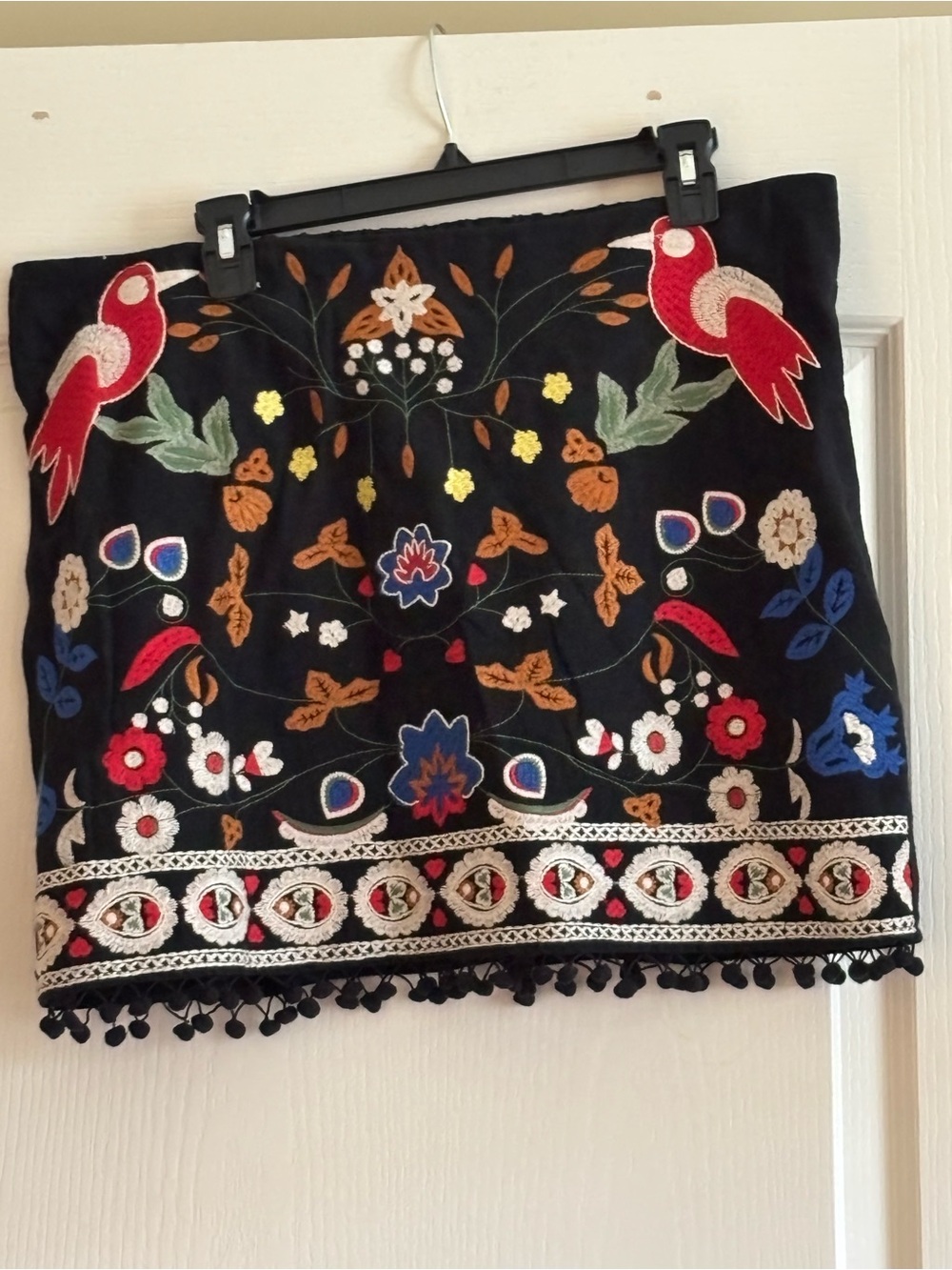 Umgee Black Mini Skirt with Colorful Embroidered Birds and Floral Trim